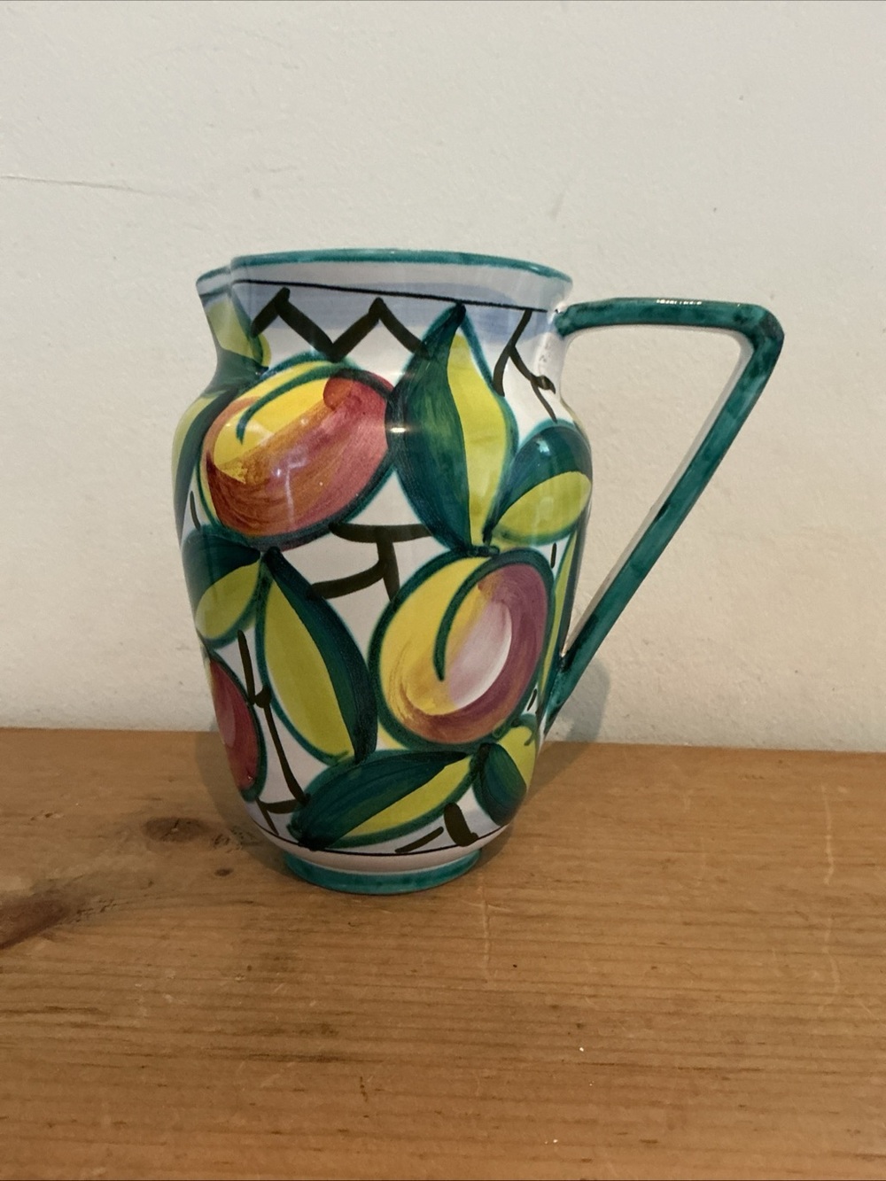 Hand-Painted Ceramic Pitcher in Teal, Yellow & Pink